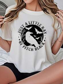 Camiseta de Mujer 2026, Casual, Cuello Redondo, Color Negro o Blanco Opcional, Estampado de Cuervo y Luna, Camisetas con Temática de Halloween, Tops de Verano, Camisetas Gráficas, Conjuntos de Verano para Mujer, Camisetas Cortas para Mujer, Tops para Mujer, Ropa Vintage de Algodón, Ropa Linda para Mujer, Blusas para Mujer Casuales - Blanco - Ver 7