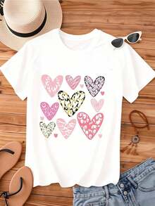 Women's Bohemian Round Neck T-Shirt, Heart Print, Short Sleeve, Casual Daily Wear, Cotton Top - 白色 - 查看 3