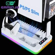 GAMINJA Disc/Digital Edition Console Cooling Stand With RGB Lights, Includes Dual Controller Charging Dock, Cooling Fan, Remote Control/Game Disc Storage, USB Hub, Headphone Hook - Upgraded Version-white - View 3
