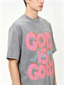 Men's 230G Washed Pure Cotton Casual T-Shirt,"GOD IS GOOD All The Time". Soft Knitted, Loose Fit, Suitable For Outdoors Vacation And Daily Casual Wear - 灰色 - 查看 4