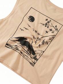 Áo tank top nam FRACTYR mùa hè phong cách đường phố thường ngày, họa tiết Ukiyo-E núi và hoa anh đào, áo tank top cổ tròn dáng rộng in hình retro Nhật Bản, áo tập thể dục. - Màu be - Xem 8