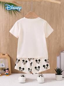Disney 男嬰 T-shirt 套裝，夏季迪士尼韓系活力寬鬆圓領米色米奇圖案短袖 + 全印花米奇短褲，休閒日常外出度假派對穿搭，適合 3 歲以下男孩 - 杏色 - 查看 2