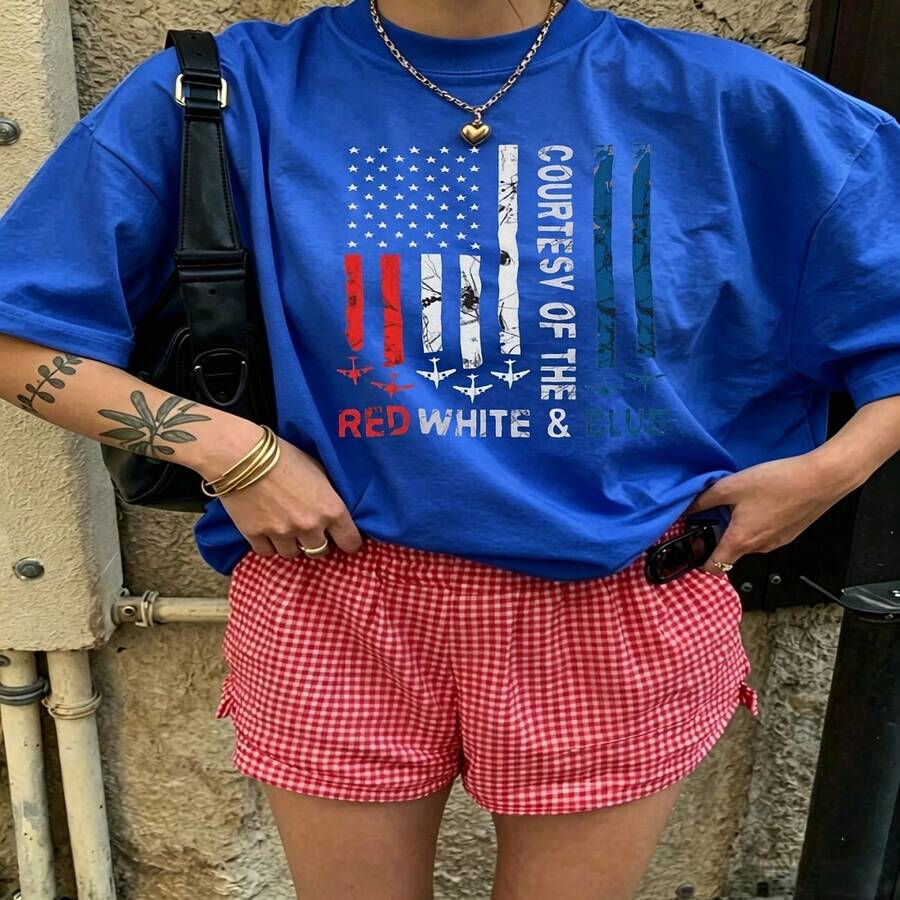 Heartfelt Daily Casual Graphic T-Shirt 100% Cotton Oversized Soft Breathable Casual Crewneck Short Sleeve Top Vintage Red White Blue Design Aesthetic Daily Wear For Casual Wearers Fashion Lovers Daily Outfit Enthusiasts Gift Givers - 藍色 - 查看 1