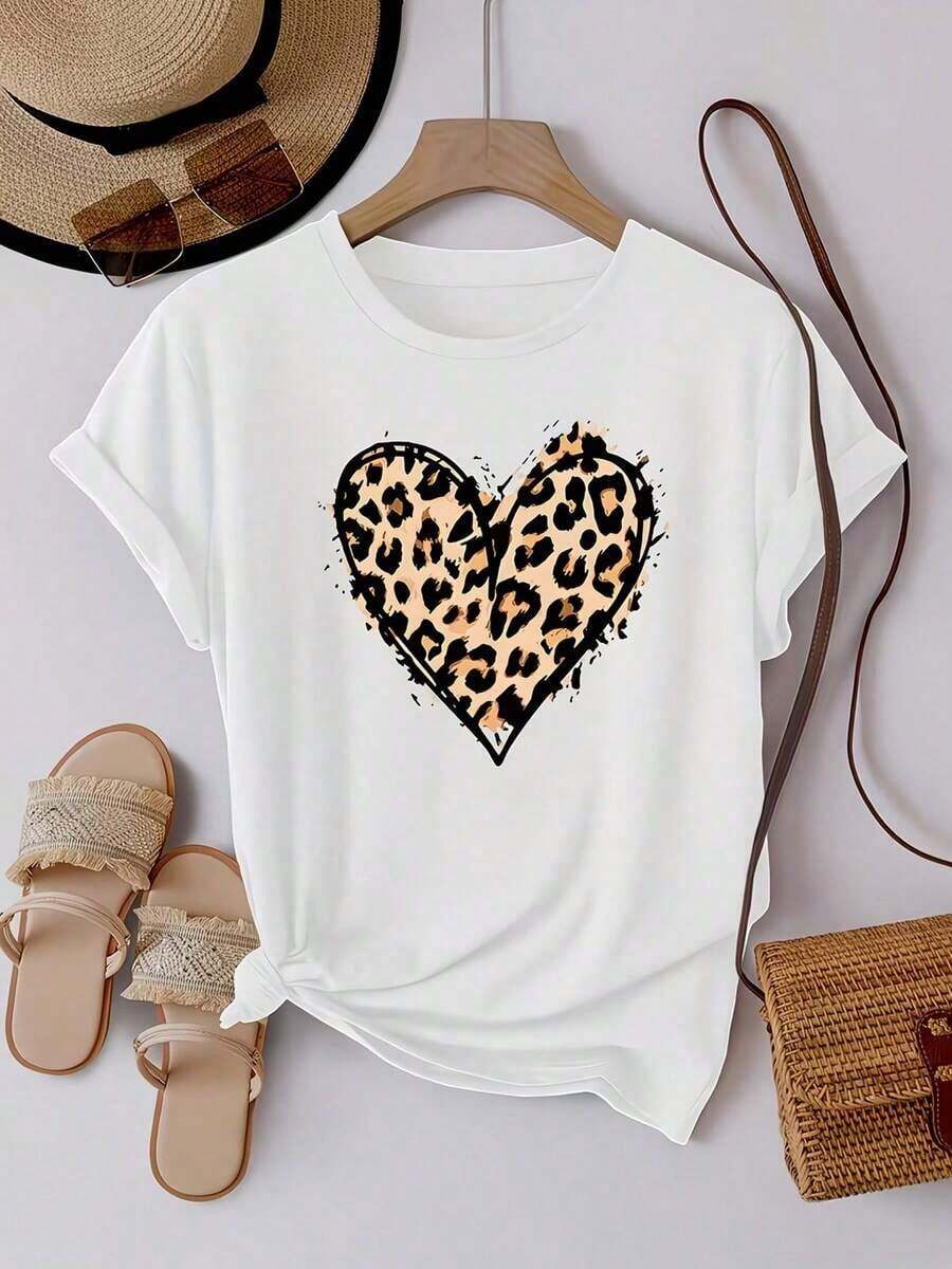 Primavera.1pac.100%Cotton.100% Cotton Women's Casual Black T-Shirt With Leopard Print Heart, Short Sleeve Round Neck Cotton Top For Party & Everyday Wear.Grafica Vacanze - 白色 - 查看 1