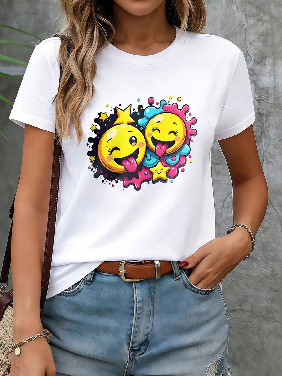 ¡Oferta por tiempo limitado, unidades limitadas, relámpago! Camisas casuales para mujer, camisetas de poliéster para mujer, camisas elegantes.Una camiseta para mujer con dos caras sonrientes amarillas sacando la lengua y guiñando un ojo, con coloridos diseños de salpicaduras de pintura. Es una camiseta casual de verano de manga corta perfecta para el uso diario y para combinar conjuntos con amigos - Blanco - Ver 1