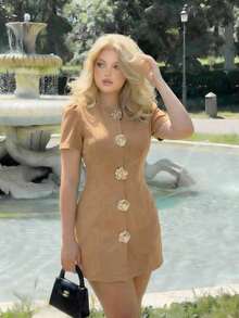 MOD Vestido negro vintage glamoroso de talla grande para mujer con acentos de rosa metálico - perfecto para estética, look preppy, citas, fiestas, vacaciones, meriendas, cumpleaños, uso en la oficina y para ir y venir, con aire de dinero antiguo.Primavera/Verano - Caqui - Ver 5