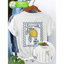 Women's 100% Cotton T-Shirt, Double-Sided Limoncello La Dolce Vita Print With Lemon Design, Casual Short-Sleeved Crew Neck T-Shirt For Holidays - 白色的 - 查看 6