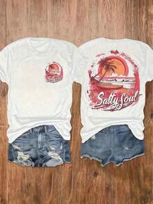 Cotton T-Shirt With Double-Sided Print, Comfortable, Stylish With Minimalist Design, Casual And Versatile, INS Style, T-Shirt With Sunset Palm Tree And Boat Print, Graphic T-Shirts, Breathable And Comfortable. - 白色 - 查看 11