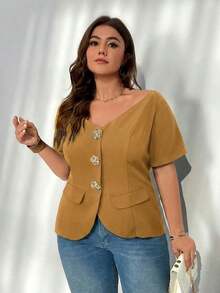 delgada de estilo elegante con botones metálicos, hombros descubiertos y ajuste ceñido, ideal para uso diario, oficina, graduación, regreso a clases y atuendos de maestras en primavera/verano y otoño/invierno para mujeres de talla grande - Amarillo - Ver 7
