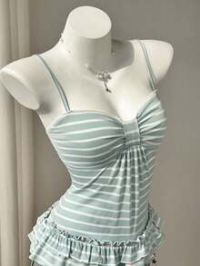 Camiseta ajustada con pliegues en el busto a rayas rosas para el verano - verde menta - Ver 3