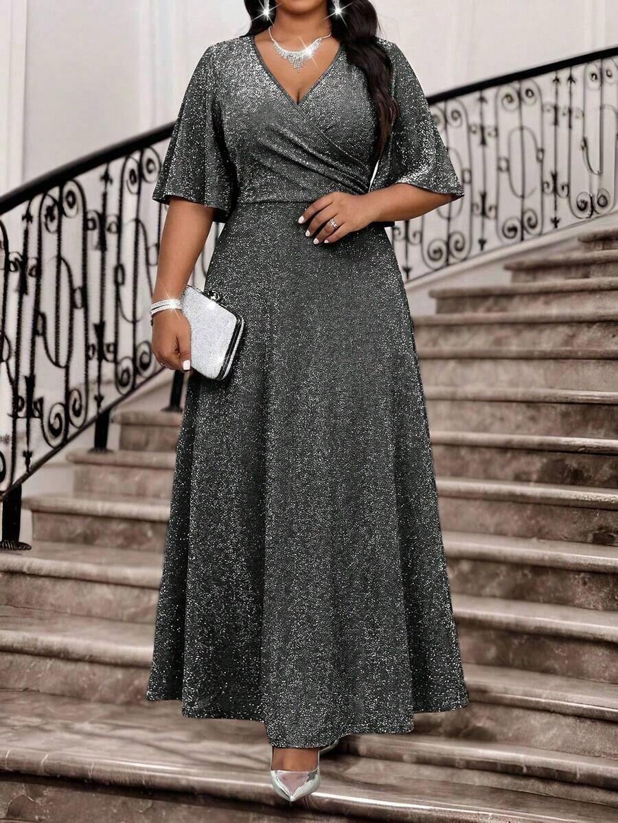 Vestido de fiesta elegante con cuello en V y cintura fruncida para tallas grandes - Negro - Ver 1