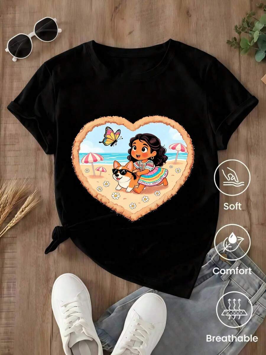 Camiseta de manga corta de moda para primavera y verano de 2026, hecha en México, 180 gramos. Estampado de dibujos animados, modelo de pareja, apta para uso interior o exterior. Cuello redondo, unisex, ideal para oficina y ocio. Paquete de una pieza. - Negro - Ver 1