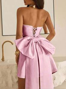 Top bandeau elegante y lujoso con cuello de lazo grande y cadena de perlas, adecuado para bodas, eventos, fiestas, vacaciones, galas - Rosa vieja - Ver 1