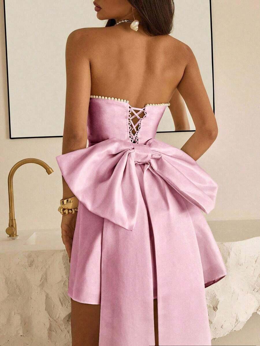 Top bandeau elegante y lujoso con cuello de lazo grande y cadena de perlas, adecuado para bodas, eventos, fiestas, vacaciones, galas - Rosa vieja - Ver 1