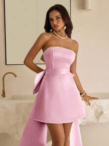 Top bandeau elegante y lujoso con cuello de lazo grande y cadena de perlas, adecuado para bodas, eventos, fiestas, vacaciones, galas - Rosa vieja - Ver 4