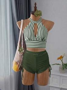 Bañador bikini de rayas con abertura con cordón lateral - Verde - Ver 5