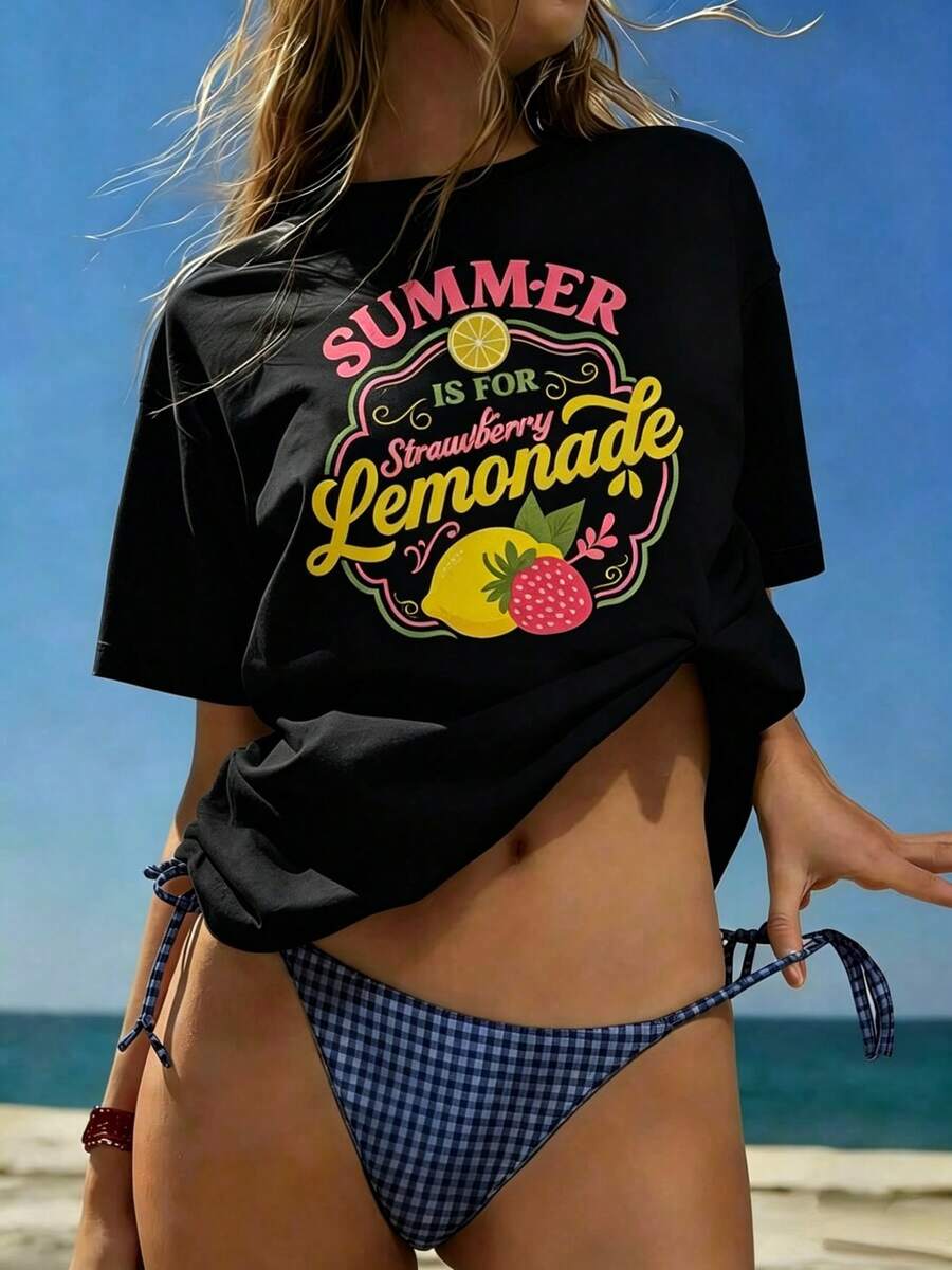 Women's White Oversized T-Shirt, Round Neck, Short Sleeves, Cute Strawberry And Lemonade Print, Super Comfortable And Relaxed Style, Ideal For Summer, Walks, Beach And Vacations With A Fashionable Casual Look 29VR - 黑色 - 查看 1