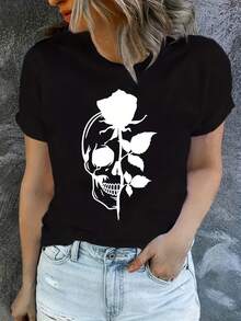 Camiseta casual de cuello redondo para mujer, con diseños de calaveras y rosas, adecuada para Halloween, hecha de% algodón, de manga corta y longitud regular, perfecta para el verano - Camiseta unisex de algodón holgada de manga corta y cuello redondo estilo vintage urbano. - Negro - Ver 1