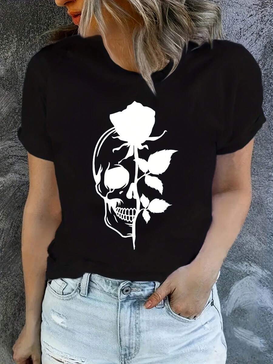 Camiseta casual de cuello redondo para mujer, con diseños de calaveras y rosas, adecuada para Halloween, hecha de% algodón, de manga corta y longitud regular, perfecta para el verano - Camiseta unisex de algodón holgada de manga corta y cuello redondo estilo vintage urbano. - Negro - Ver 1