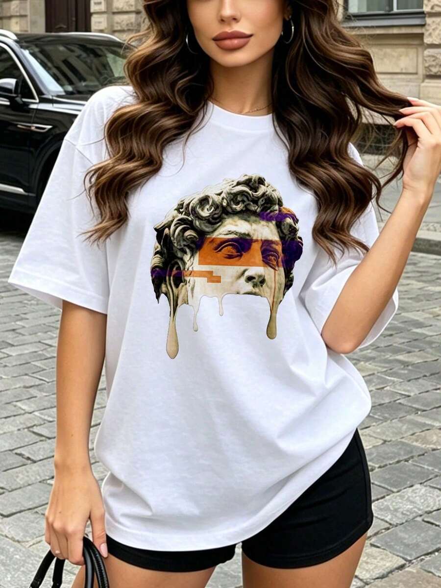 Camiseta de manga corta con cuello redondo suave y casual para mujer, el estampado gráfico de la estatua de David es perfecto para ropa casual de primavera y verano. Blanca. - Blanco - Ver 1