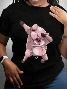 Round Neck Camiseta Con Diseño De Cerdo Haciendo El Baile Dabbing , Divertido Regalo Con Un Jabalí De Hip-Hop Bailando, Adecuado Para Hombres Y Mujeres, 100% Algodón, Tallas S-XXXL Summer Essentials,Summer Outfits For Women,Graphic Tees Blusas Para Mujer Casual - Negro - Ver 6