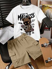 1 Set Cartoon Character & Skateboard Graphic Short Sleeve T-Shirt And Shorts Outfit, Suitable For Teenage Boys, Perfect Summer Gift For School And Outdoor Wear, Spring/Summer - Multicolor - View 1