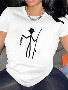 Durable And Lightweight Short-Sleeved Cotton T-Shirts For Restaurants, With A Fun Fishing Design, Suitable For Casual Dining, Comfortable To Wear And Stylish Everyday Printed T-Shirts For Women. - 白色 - 查看 12