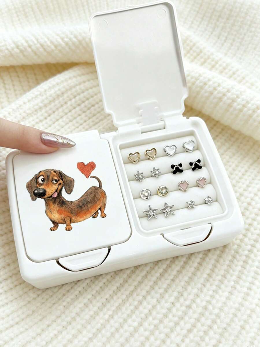 Cute Dachshund Pattern Pop-Up Double Layer Storage Box - Puppy Pattern Storage Box/Cute Desktop Organizer, Dust-Proof And Portable, Perfect For Storing Earrings, Jewelry, Swabs, Soft Pads And Beauty Supplies, Pop-Up Design, Combines Fashion "Style" Aesthetics - Absolutely A Back-To-School Essential And A Great Gift For Friends! - Multicolor - View 1