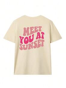 Casual Short Sleeve T-Shirt With Letter Print And Drop Shoulders For Summer - Unisex Vintage Urban Style, Loose Fit, Cotton, Round Neck, Blouses For Women. Casual Blouses For Ladies. - 杏色 - 查看 4