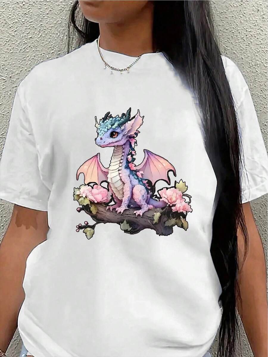 Lightweight And Durable Short-Sleeved T-Shirt With Cute Dragon And Flower Designs, Perfect For Casual Outings At Home Or A Coffee Shop. Made With Soft Fabric For Everyday Comfort. Women's Blouses > Clothing - 白色 - 查看 1