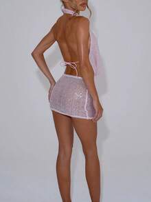 Sequin Sheer Mesh 2 Piece Set  Cowl Neck Halter Crop Top  High Waist Ruched Skirt - 粉色 - 查看 4