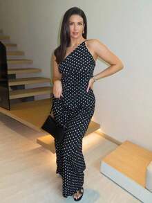 MDEdit Set de 2 piezas de Top con hombros y pantalones a lunares para mujer, uso casual minimalista de todos los días - Negro - Ver 1