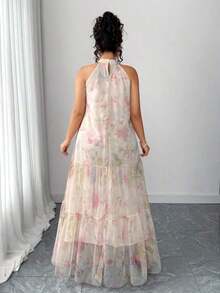 Vestido de malla floral sin mangas elegante para mujer de talla grande - Beis - Ver 2
