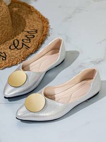 Plus Size Women's Fashion Pointed Toe Gold Buckle Slip-On Comfortable Ballet Shoes, Suitable For Spring & Autumn - Silver - View 4