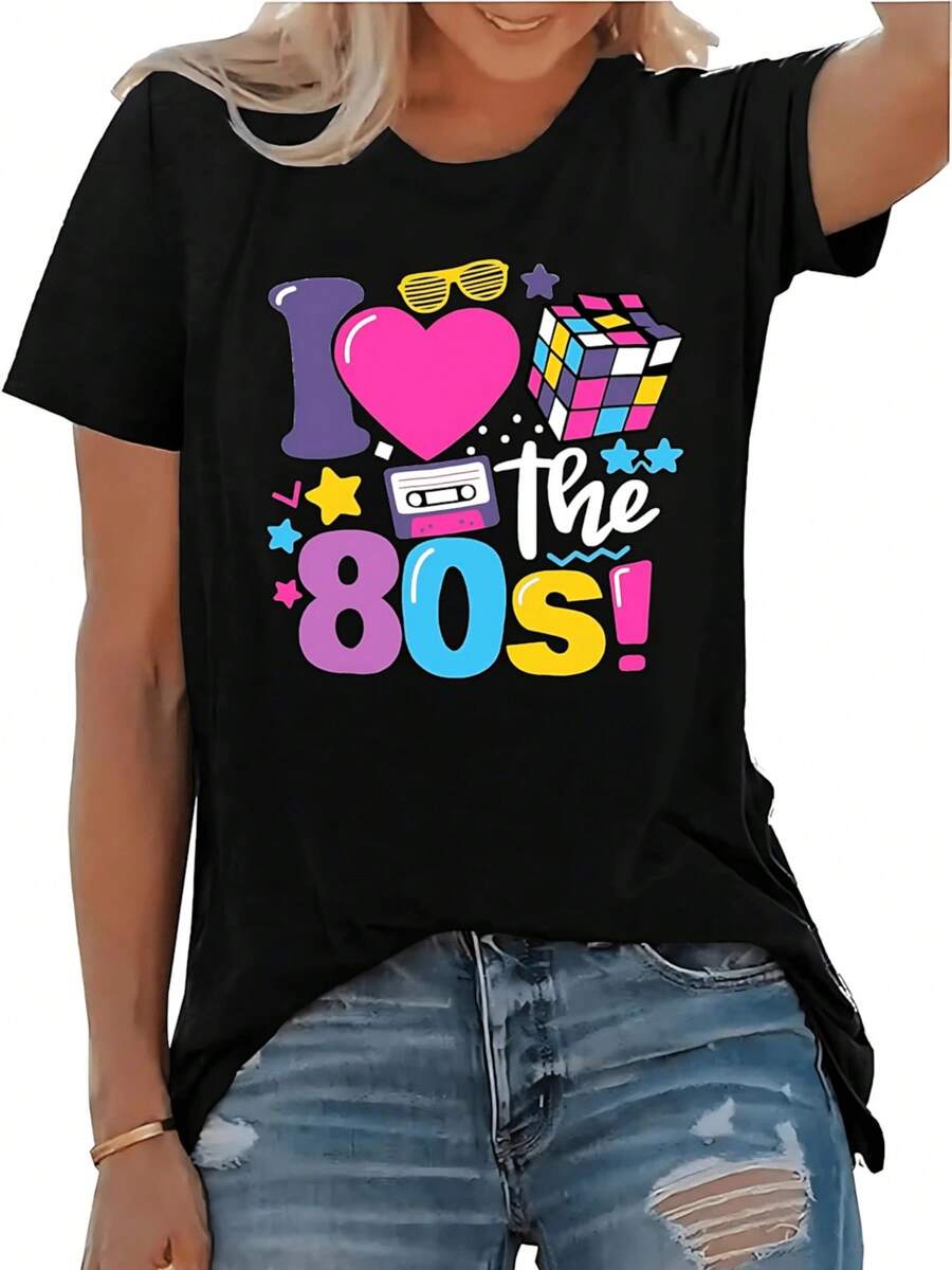 Simple And Versatile Design. Women's Fashion Graphic Tee With A Nostalgic 80s Print, Relaxed Fit, Casual Short-Sleeve Tee, Comfortable Cotton Blend Fabric, Ideal For Retro Style Lovers, Everyday Essential Clothing. Express Your Personality With A Unique Vintage Design! Cotton Tee - 黑色 - 查看 1