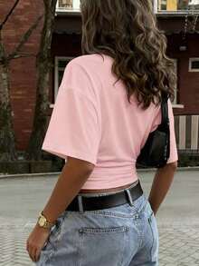 Y2K Style, Modern Style, Newest 2026, Cute Style, Casual Style, Women's Blouses > Clothing. New Stylish And Fashionable Solid Color T-Shirt, Casual, Versatile, With A Gathered Waist, Suitable For Daily Wear, School, Beach, Vacation, And Summer Home Wear, 180g (Sizes S-XXXL). - 杏桃粉 - 查看 5