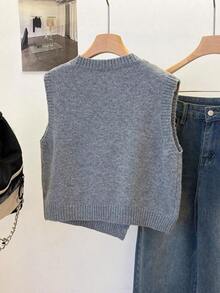 1 pieza Chaleco sin mangas de punto de unicolor con cuello redondo corto, diseño asimétrico con botones, accesorio de moda, chaleco versátil de punto para el verano - Gris - Ver 2