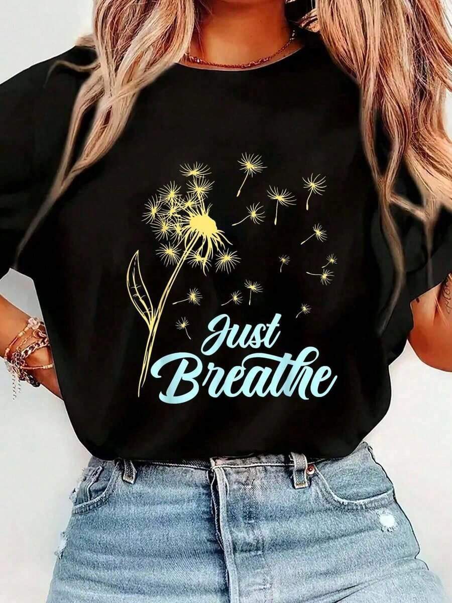 Camiseta Transpirable Just Breathe con Diseño de Diente de León y Flores Silvestres, Botánica, Natural, para Mujer y Hombre, de Algodón, Manga Corta, Cuello Redondo, Casual, Suave, de Corte Holgado, Camisetas de Verano, playeras de mujer algodon,  mujer premium - Negro - Ver 1