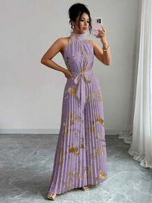 Mono de pierna ancha elegante y romántico con cuello de volantes sin mangas para mujer, ideal para Halloween - Morado Violeta - Ver 3