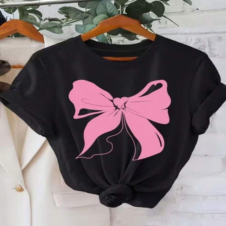 Featured Item Top Picklocalwomen S Black T-Shirt With Pink Bow G2026 Plus Size Lightweight Summer T-Shirt Regular Fit Casual Breathable Essential For Everyday Wear Versatile Clothing Modern Look Comfortable Material Short Sleeves For Young Adults S-XXXL - 黑色 - 查看 1