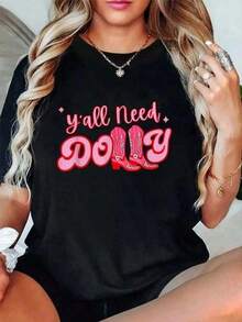 Camiseta versátilWomen's Black Cowgirl Print T-Shirt - Y'all Need Dolly Short Sleeve Top With Pink Red Western , Lightweight Summer Casual Tee For Country Music Fans, Dolly Parton Inspired Outfit,Camiseta con temática de fútbol,Ideal para el verano de chicos adolescentes,Estilo unisex apto para todas las estaciones,Disponible en tallas para adultos y niños,Top de verano para mujer,Tallas disponibles tanto para adultos como para niños - Negro - Ver 6