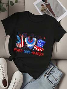 Women's Printed T-Shirt,  Women's T-Shirt, Patriotic Peace, Love, And America Design With American Flag Heart And Uncle Sam Hat For Independence Day Celebration. Summer T-Shirt. - 黑色 - 查看 4