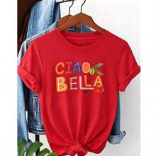 Women's Casual Summer T-Shirt, Basic Pure Cotton, Plus Size - CIAO BELLA ITALY Graphic Print, Women's Plus Size Short Sleeve Crew Neck Casual T-Shirt For Summer And Spring, Women's Clothing - 紅色 - 查看 9