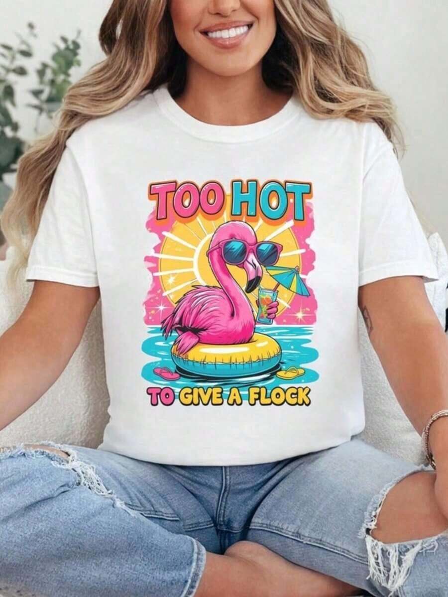 Primavera 1er Pack Damen Lustiges Flamingo T-Shirt, 100% Baumwolle, Retro Strandurlaub Motiv, Bedrucktes Lässiges Rundhals-Shirt Mit Kurzen Ärmeln - 白色 - 查看 1