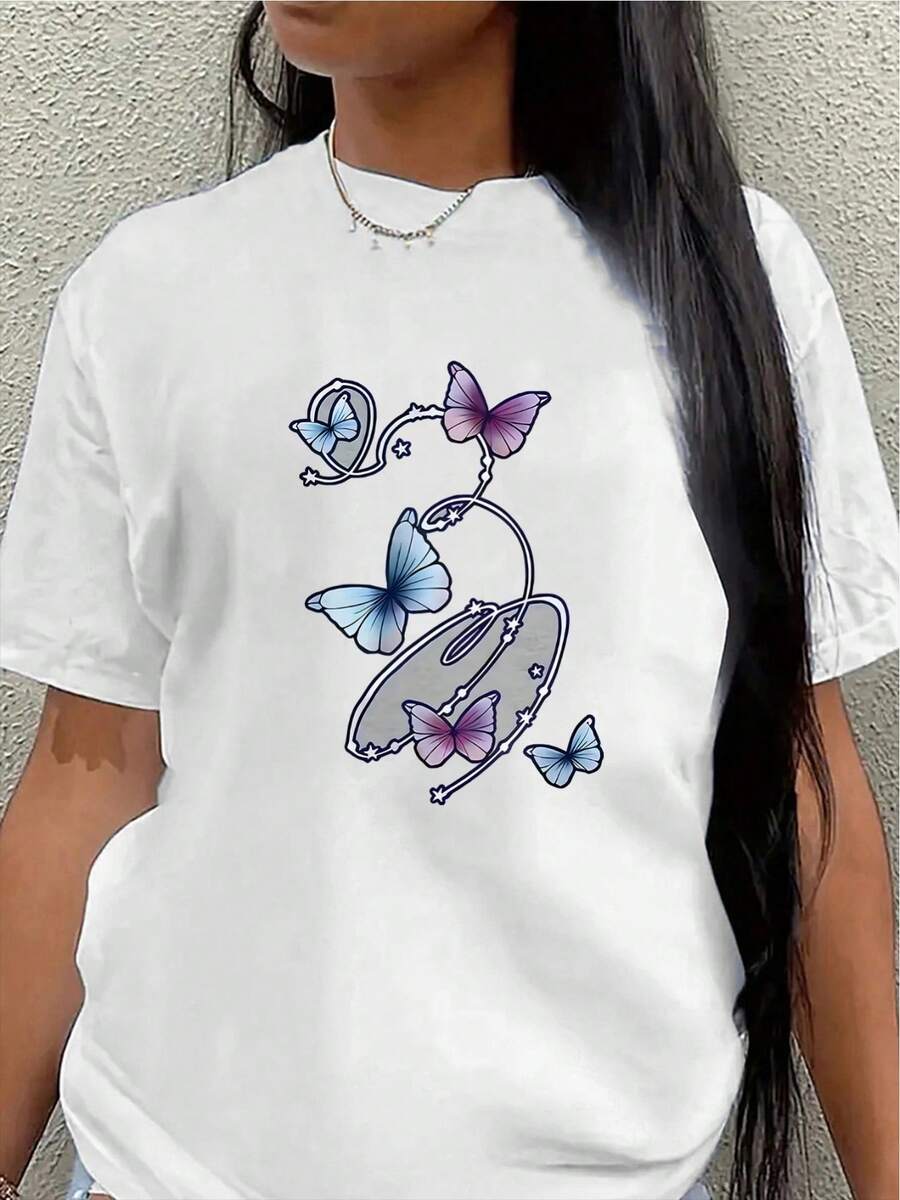 Lightweight And Durable Short-Sleeved Polyester T-Shirt With Butterfly Print, Suitable For Casual Wear At Home Or In A Cafe, With Soft Fabric For Comfortable Everyday Wear. Women's Casual Blouse - 白色 - 查看 1