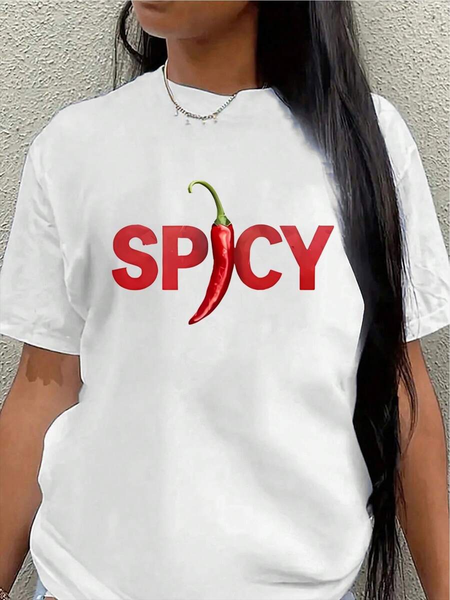 Short-Sleeved Polyester T-Shirt With Chili Print, Suitable For Casual Wear At Home Or In Restaurants; Lightweight And Durable Design, Comfortable For Everyday Wear. Women's Casual Blouse - 白色 - 查看 1