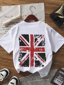 Nueva Camiseta de Verano con Estampado Gráfico de la Bandera Británica, Cuello Redondo, Manga Corta, Casual, Blusa Moderna y Versátil para Mujer, Blanca - Blanco - Ver 2