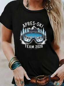 Heavyweight 100% Cotton Black T-Shirt - Short Sleeve, With A Ski Theme, Printed With The "Goggles APRES SKI TEAM" Design. It Has A Relaxed Fit, Is A Casual Short-Sleeved T-Shirt For Women With A Crew Neck, Lightweight And Comfortable. It's A Comfortable And Fitted Summer Outdoor T-Shirt, Machine Washable, Breathable, And Comfortable. It's Suitable For Winter Holiday Party Outfits And Can Also Be Worn In Spring, Autumn, And Summer. A Hit! - 黑色 - 查看 1