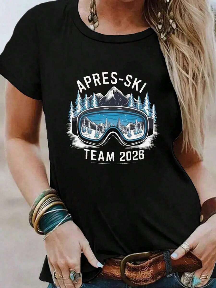 Heavyweight 100% Cotton Black T-Shirt - Short Sleeve, With A Ski Theme, Printed With The "Goggles APRES SKI TEAM" Design. It Has A Relaxed Fit, Is A Casual Short-Sleeved T-Shirt For Women With A Crew Neck, Lightweight And Comfortable. It's A Comfortable And Fitted Summer Outdoor T-Shirt, Machine Washable, Breathable, And Comfortable. It's Suitable For Winter Holiday Party Outfits And Can Also Be Worn In Spring, Autumn, And Summer. A Hit! - 黑色 - 查看 1