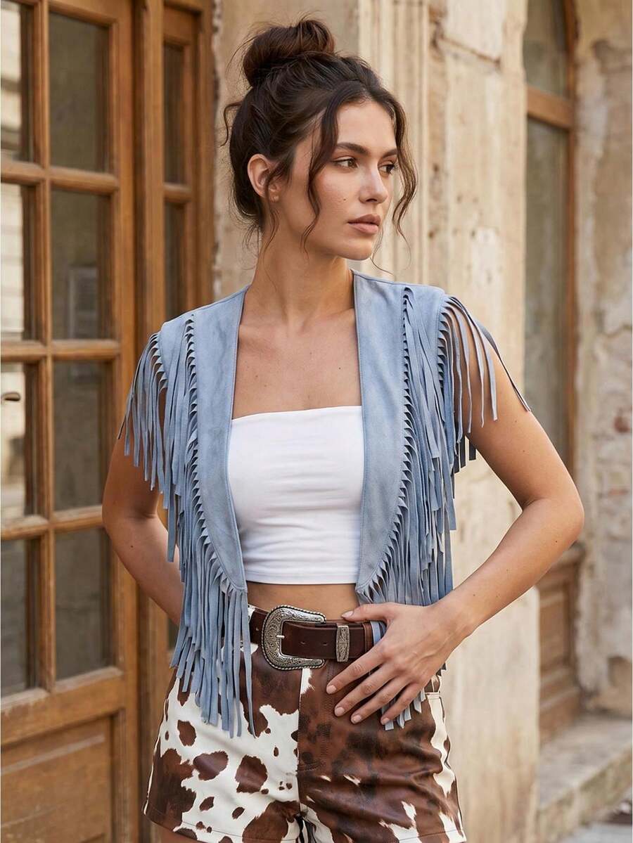 Women's Tassel Vest Jacket Open Front Stylish Solid Color Casual Sleeveless Tassel Collar - Azul - Ver 1